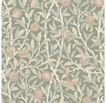 Behang met vogel-, blad- en fruitmotief