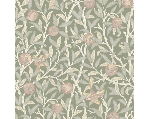 Behang met vogel-, blad- en fruitmotief