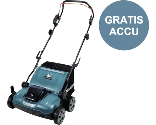 Makita gazonverticuteermachine met de melding Gratis batterij