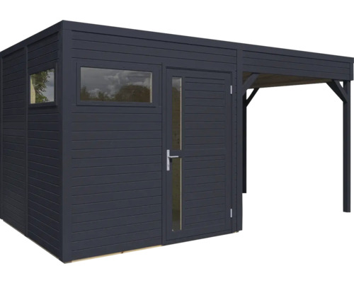 Houten tuinhuis met raam en aanbouw