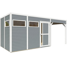 Houten tuinhuis met ramen en overkapping