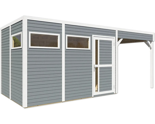 Houten tuinhuis met ramen en overkapping