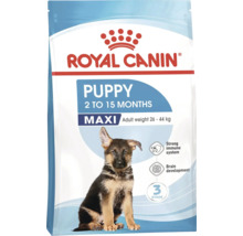Royal Canin Logo. Verpakking hondendroogvoer Puppy Maxi voor puppy's van 2 tot 15 maanden met een eindgewicht van 26 tot 44 kilogram.