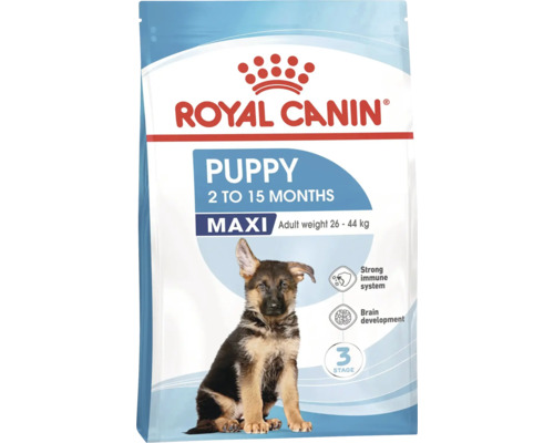 Royal Canin Logo. Verpakking hondendroogvoer Puppy Maxi voor puppy's van 2 tot 15 maanden met een eindgewicht van 26 tot 44 kilogram.