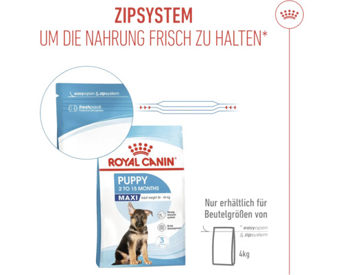Royal Canin Puppy Maxi hondenvoer met rits systeem om het voer vers te houden. Alleen verkrijgbaar voor zakformaten van 4 kilogram.