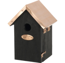 Houten vogelhuis met metalen dak en een ronde opening