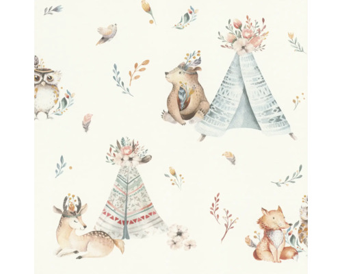 Behang met beren, vossen, uilen, herten en tipi's