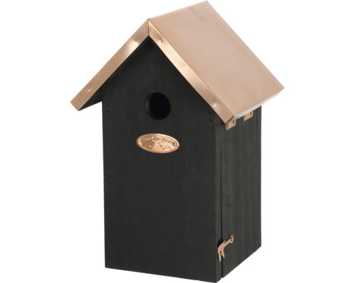 Vogelhuis met metalen dak en toegangsopening