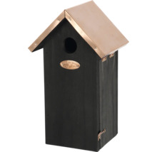 Houten vogelhuis met metalen dak en ovale decoratieve sticker