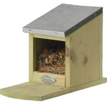 Vogelhuis van hout met vogelvoer en metalen dak