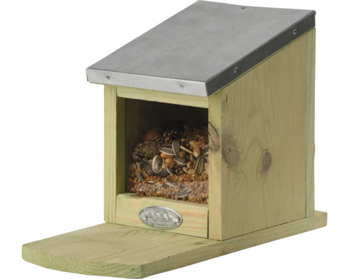 Vogelhuis van hout met vogelvoer en metalen dak
