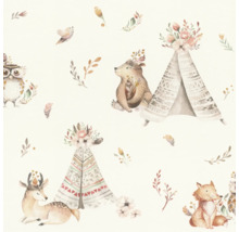 Behang met dierenmotieven, waaronder beren, vossen, herten, uilen en tipi's