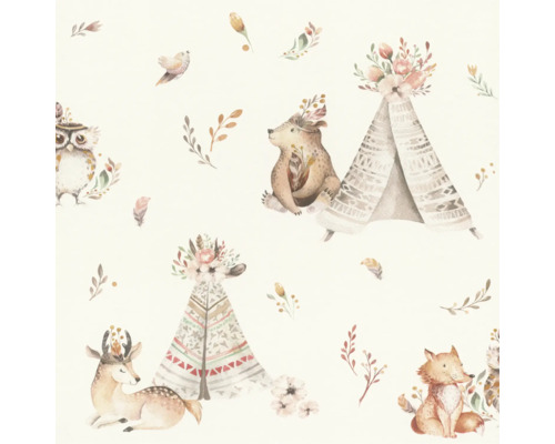 Behang met dierenmotieven, waaronder beren, vossen, herten, uilen en tipi's