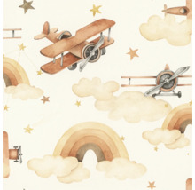 Illustratie met vliegtuigen, sterren, wolken en regenbogen