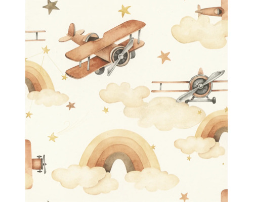 Illustratie met vliegtuigen, sterren, wolken en regenbogen