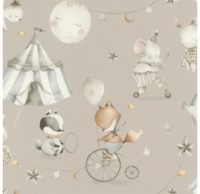 Illustratie met circusmotieven en dieren zoals een olifant, vos en wasbeer