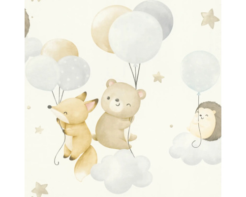 Illustratie van een vos, beer en egel die aan ballonnen en wolken hangen