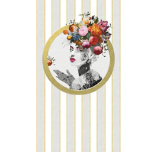 Decoratief wandpaneel met bloemenmotief van een vrouw in een gouden cirkel op een gestreepte achtergrond