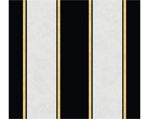 Behang met gestreept patroon in zwart, wit en goud