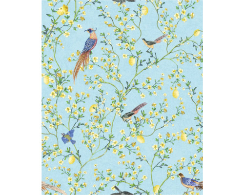 Behang met vogel-, citroen- en bloemenpatroon