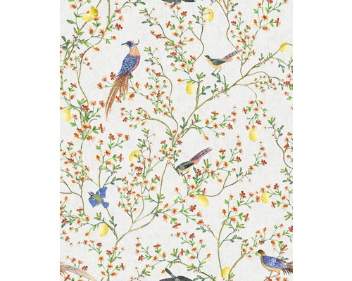 Behang met bloemmotief, takken, citroenen en vogels