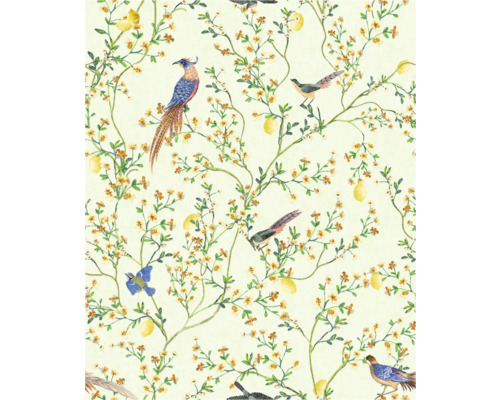 Behang met vogel-, bloemen- en citroenmotief