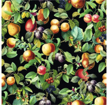 Patroon met verschillende soorten fruit en bladeren op een zwarte achtergrond