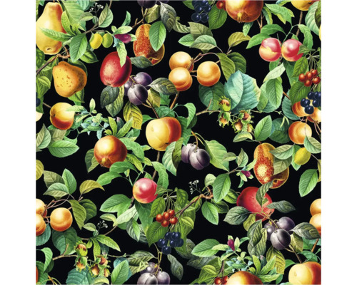 Patroon met verschillende soorten fruit en bladeren op een zwarte achtergrond