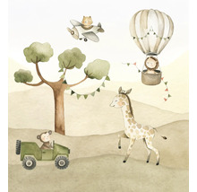Illustratie met aap in terreinwagen, giraffe, leeuw in luchtballon en tijger in vliegtuig