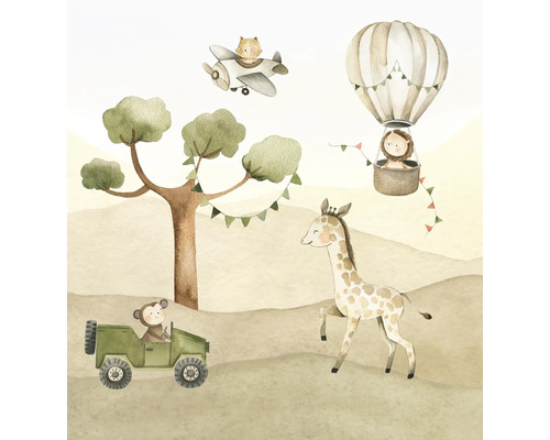 Illustratie met aap in terreinwagen, giraffe, leeuw in luchtballon en tijger in vliegtuig