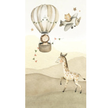 Illustratie met leeuw in luchtballon, tijger in vliegtuig en giraffe