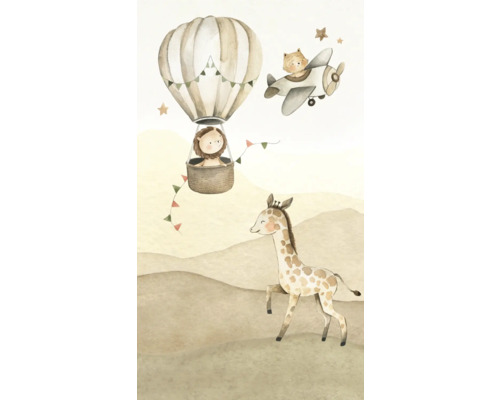Illustratie met leeuw in luchtballon, tijger in vliegtuig en giraffe