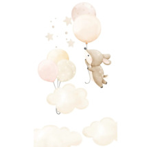 Illustratie van een ree die aan ballonnen door wolken zweeft