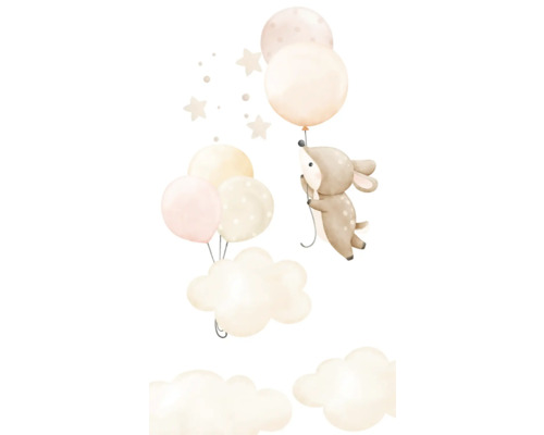 Illustratie van een ree die aan ballonnen door wolken zweeft