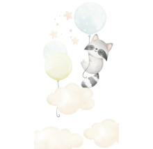 Illustratie van een wasbeer die aan ballonnen in wolken hangt