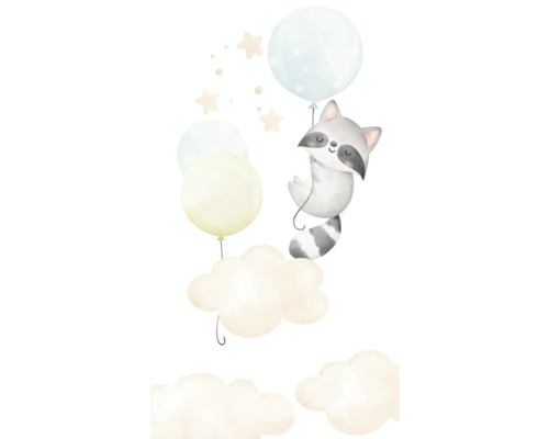 Illustratie van een wasbeer die aan ballonnen in wolken hangt