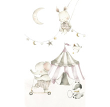 Illustratie met circusthema, bestaande uit circustent, dieren en maan