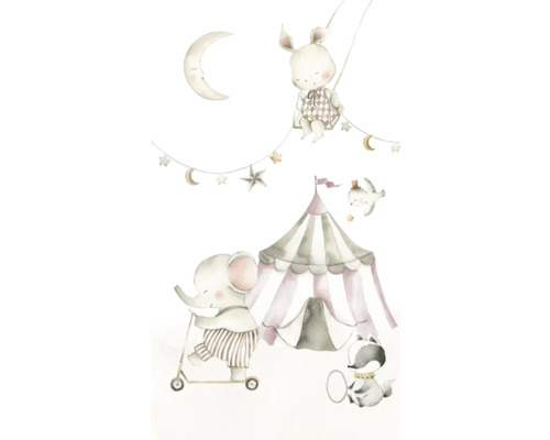 Illustratie met circusthema, bestaande uit circustent, dieren en maan