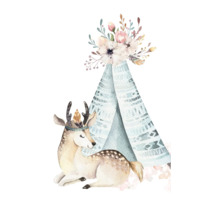 Illustratie van een ree voor een tent met bloemen