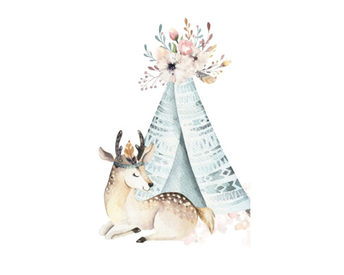 Illustratie van een ree voor een tent met bloemen