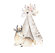 Illustratie van een hert voor een tent met een bloemenboeket