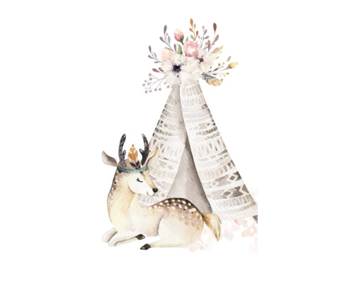 Illustratie van een hert voor een tent met een bloemenboeket