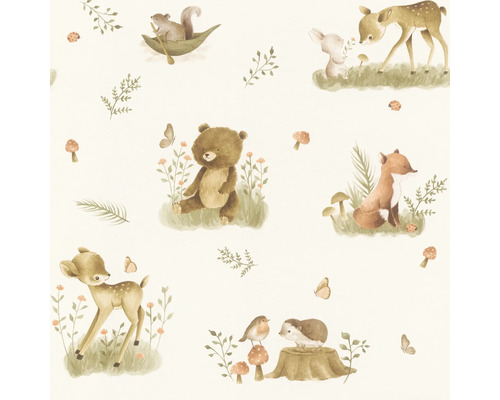 Behang met bosdiermotief, inclusief beren, vossen, herten en eekhoorns
