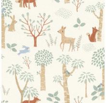 Behang met bosmotieven, inclusief bomen, herten, konijnen en vossen