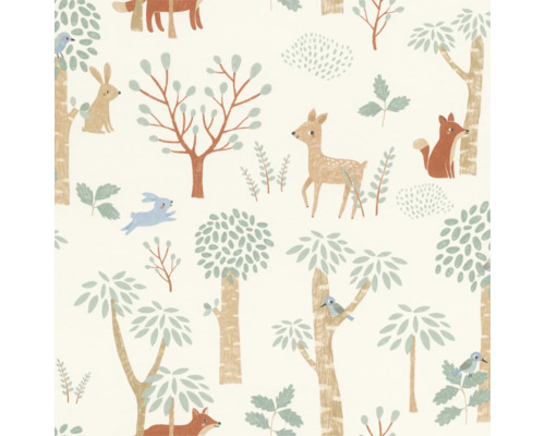 Behang met bosmotieven, inclusief bomen, herten, konijnen en vossen