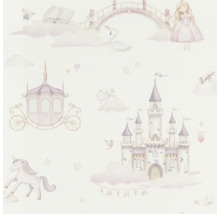 Behang met sprookjesmotieven zoals een kasteel, koets, eenhoorn en prinses.