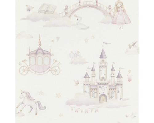 Behang met sprookjesmotieven zoals een kasteel, koets, eenhoorn en prinses.
