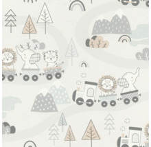 Behang met dierenmotieven in wagons voor een berg- en boomlandschap