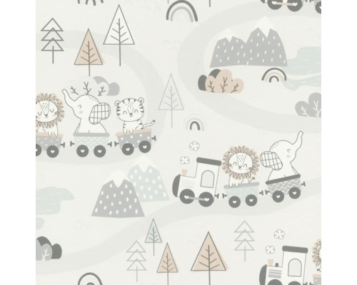 Behang met dierenmotieven in wagons voor een berg- en boomlandschap