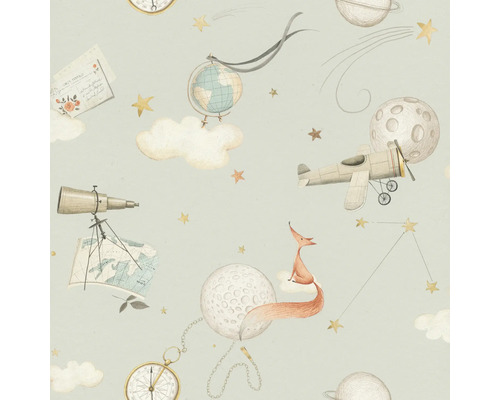 Behang met wereldbol, vliegtuig, maan, sterren en vosmotief